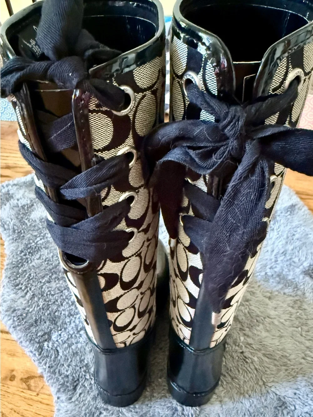 Coach Black and Cream Signature Lace-Up Tall Rain Boots